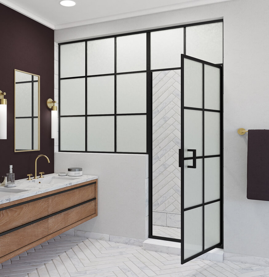 frosted glass shower with black window paneling and an open door