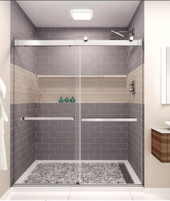 shower with purple tile and a sliding glass door