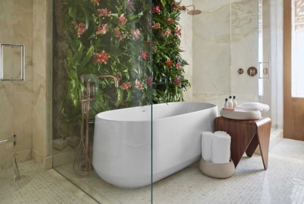 white freestanding tub with glass shower door
