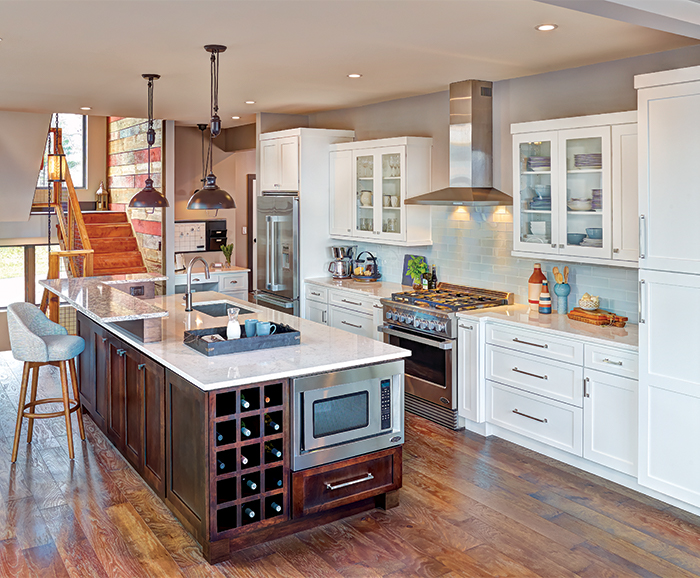 Kitchen with White Cabinets and Mocha Island