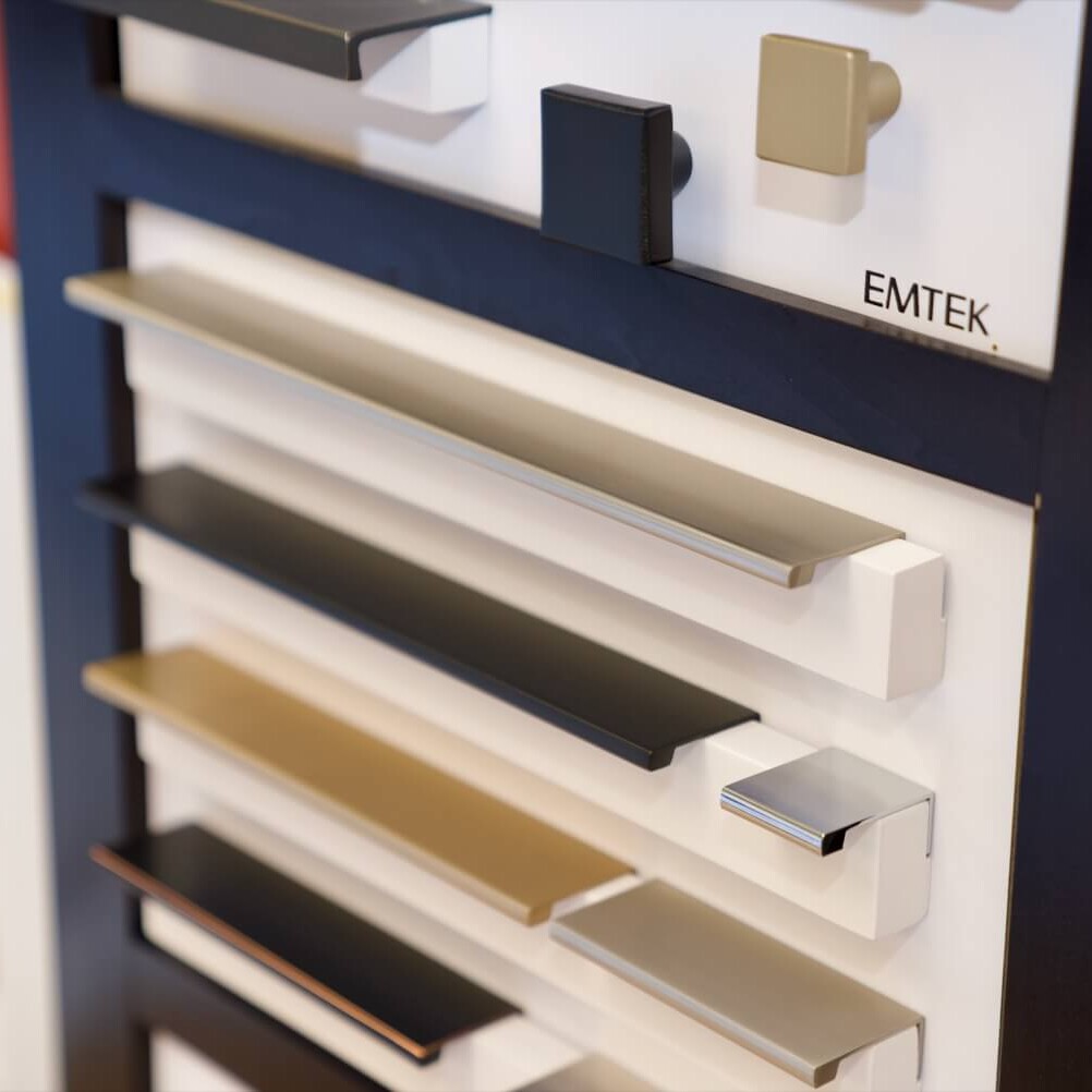 Cabinet door handles on display